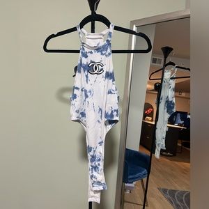 Designer Inspired Blue & White Tie Dye Bodysuit - S